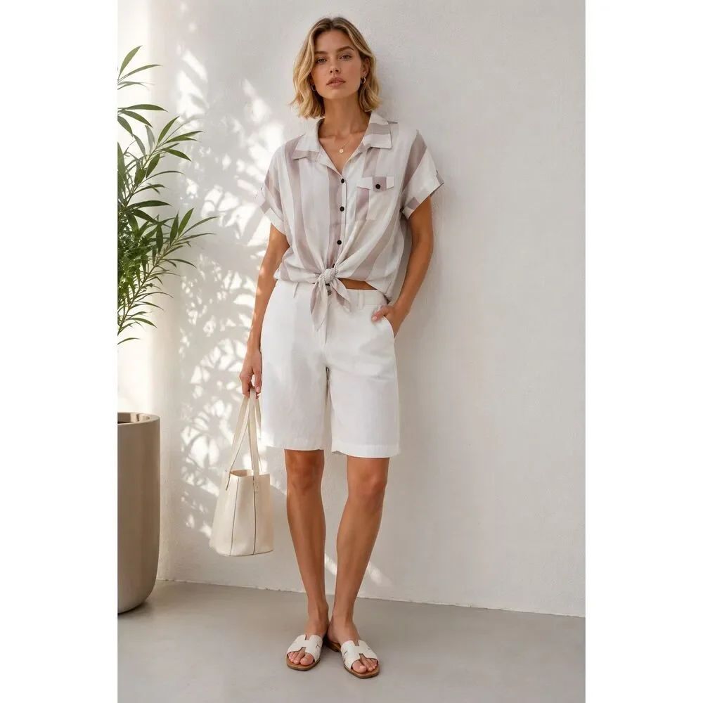 Luxury Boutique Striped Tie Front Button Shirt Top Beige White Cotton Blend Size